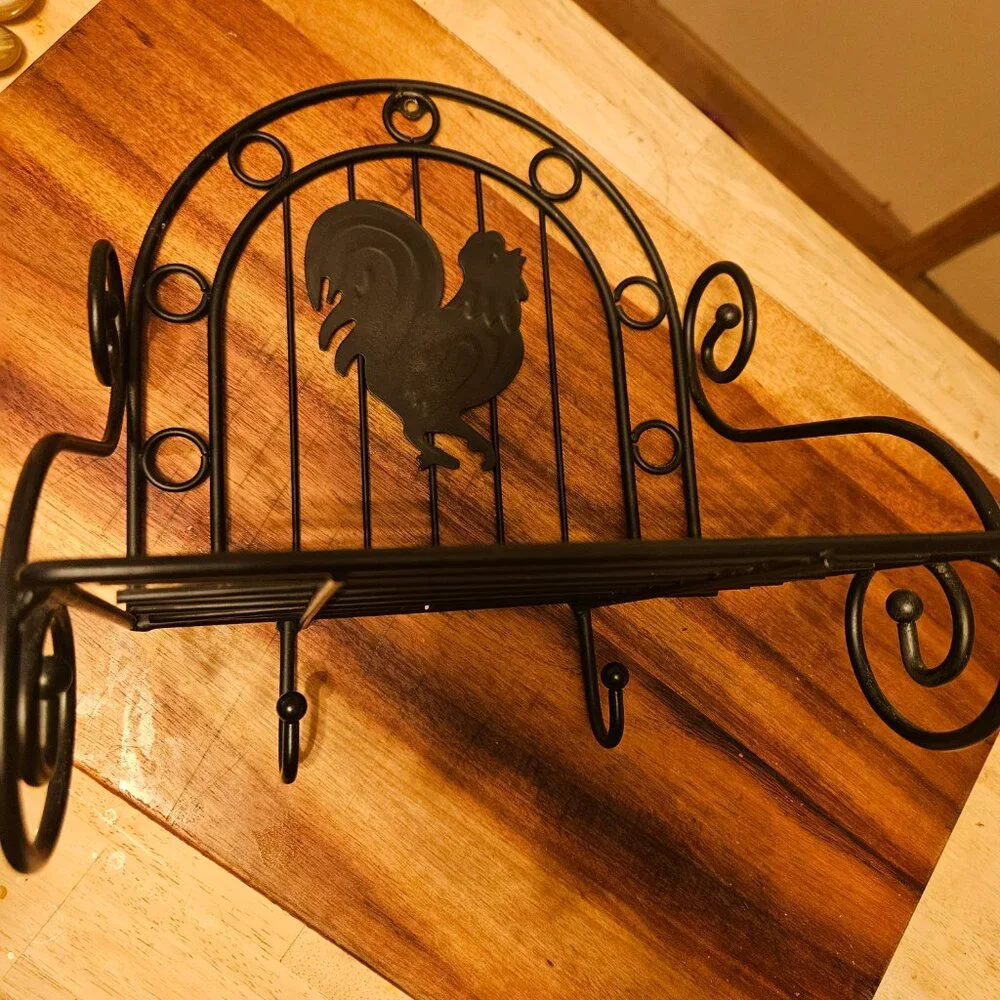 wrought iron rooster wall hanging shelf with 2 hooks